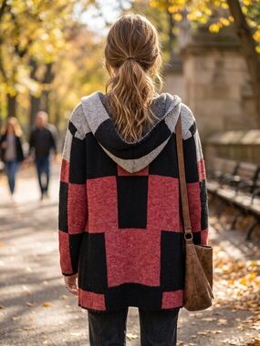 Papa Vancouver Geometric Colorblock Hooded Cardigan Sweater Grunge Whimsigoth